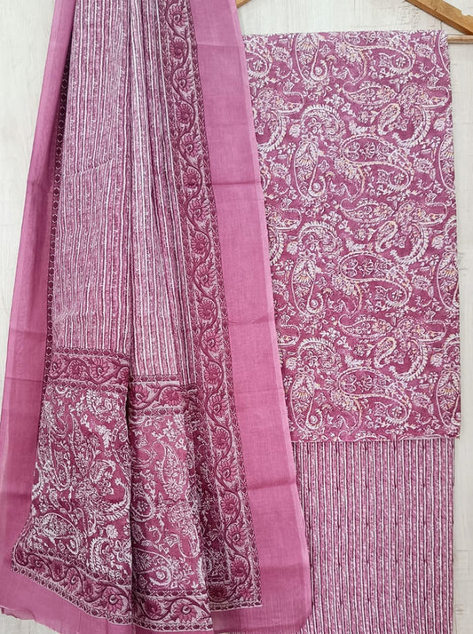 Pink & White Coloured Unstitched Pure Cotton Hand Block Printed Women Party/Daily wear Dress Material Suit- Top with Bottom & Cotton Dupatta!!