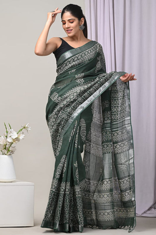 Green & Multi Coloured Linen Cotton Beautiful Hand Block printed Women Daily/Party wear Saree with Blouse!!