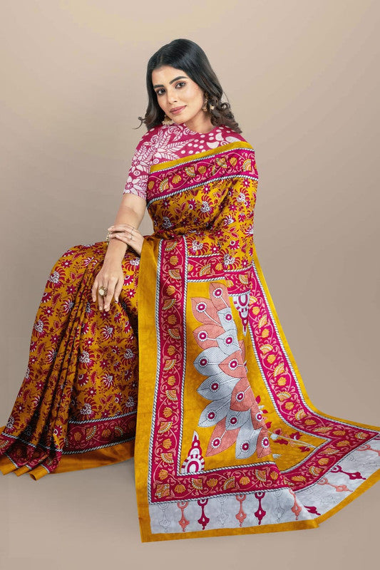 Mustard Yellow & Pink Coloured Premium Mul Mul Cotton Beautiful Hand Block printed Women Daily/Party wear Saree with Blouse!!