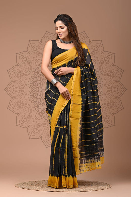 Black with Mustard Yellow Coloured Hand Block Printed Women Designer Party wear Chanderi Cotton Silk Saree with Runnin Blouse!!