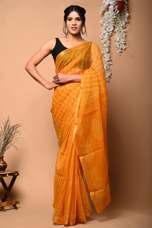 Orange & Multi Coloured Kota Doriya Cotton Beautiful Hand Block printed Women Daily/Party wear Saree with Blouse!!