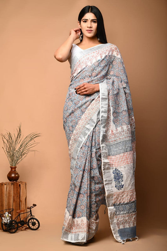 Grey & Multi Coloured Linen Cotton Beautiful Hand Block printed Women Daily/Party wear Saree with Blouse!!