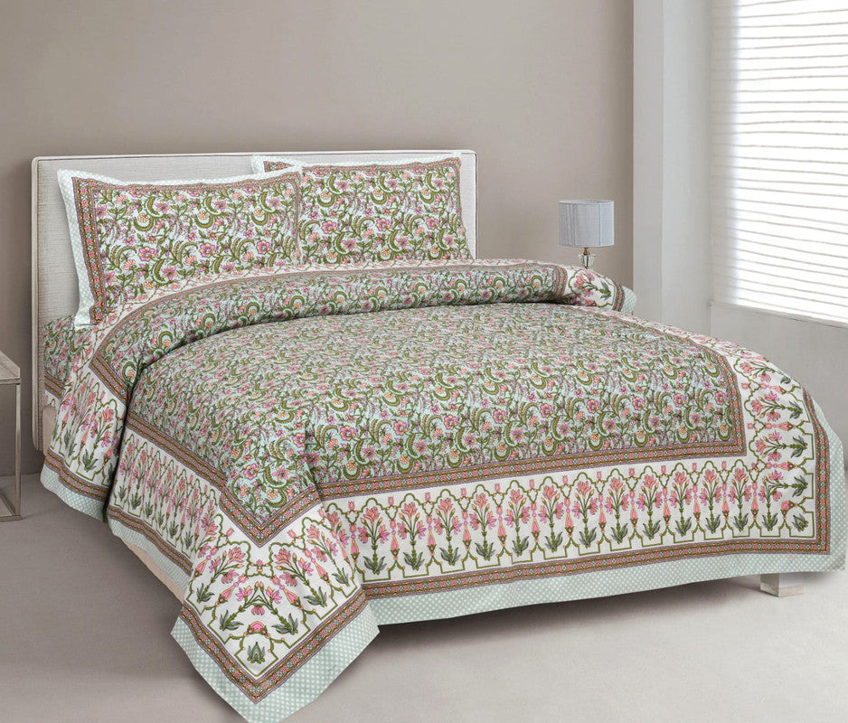 Green & Multi Coloured Pure Cotton Beautiful Hand Printed Queen size Double Bed sheet with 2 Pillow covers!!