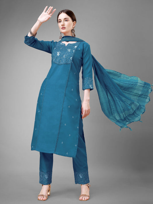 Rama Blue Coloured With Embroidery & Fancy Lace Work Women Designer Party/Casual wear Cotton Kurti with Pant & Dupatta!!