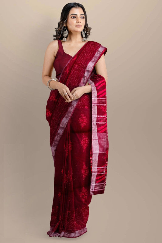 Maroon & Multi Coloured Linen Cotton Beautiful Hand Block printed Women Daily/Party wear Saree with Blouse!!