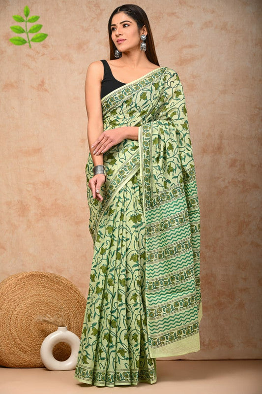 Green & Multi Coloured Pure Cotton Beautiful Hand Block printed Women Daily/Party wear Saree with Blouse!