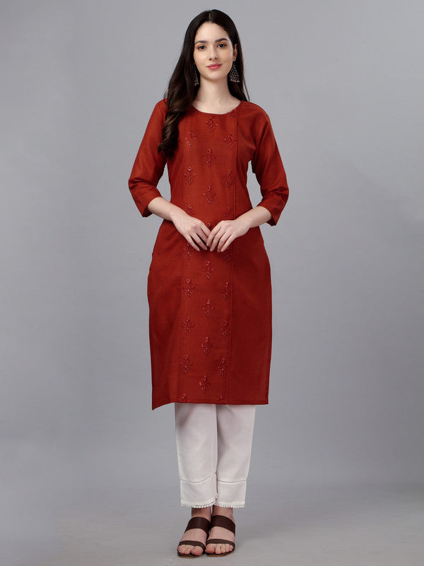 Maroon Coloured Pure Cotton with Embroidery work Women Designer Daily wear Kurti!!