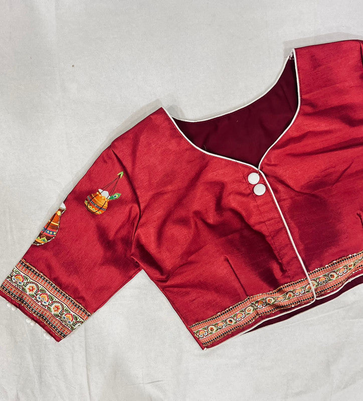 Brick Red Coloured Pure Silk with Handmade work  Woman Ready made Designer Botique Style Blouse- Free Size Up to 42 Inch!!