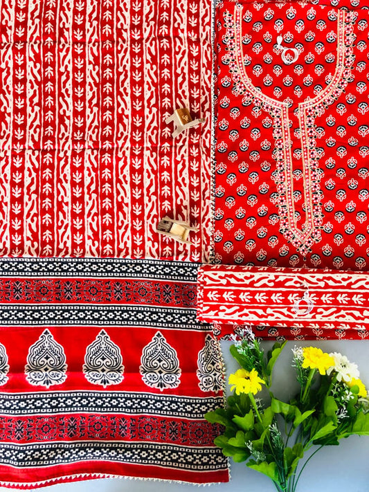 Red & White Coloured Cotton Unstitched Hand Block Printed Women Party/Daily wear Dress Material Suit- Top with Bottom & Cotton Dupatta!!