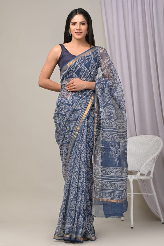 Blue & Multi Coloured Kota Doriya Cotton Beautiful Hand Block printed Women Daily/Party wear Saree with Blouse!!