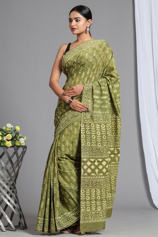 Mehandi Green & White Coloured Pure Cotton Beautiful Hand Block printed Women Daily/Party wear Saree with Blouse!!