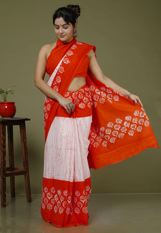 Red & White Coloured Hand Printed Super dying Quality Mul Cotton Women Daily wear Saree with Blouse!!