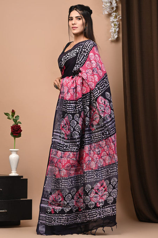 Latest Attractive Beautiful Designer Hand Block Print Linen Saree