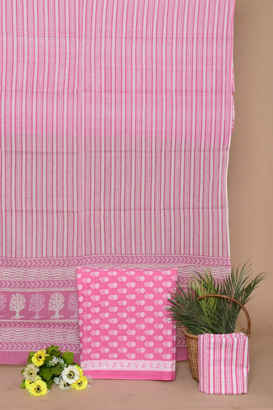 Pink & White Coloured Unstitched Pure Cotton Exclusive Hand Block Printed Women Party/Daily wear Dress Material Suit- Top with Bottom &  Mul Cotton Dupatta!!