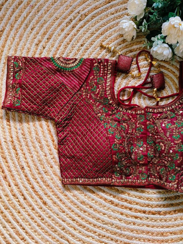 Maroon Coloured Premium Heavy Milan Silk Copper Jari Heavy Embroidery work Woman Ready made Designer Bridal Blouse- Free Size Up to 46 Inch!!