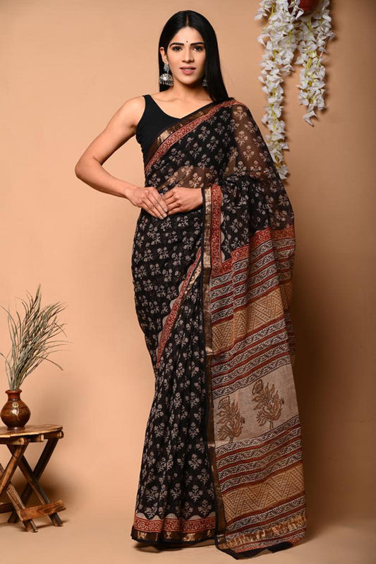 Black & Beige Coloured Beautiful Hand Block printed Women Daily/Party wear Kota Doriya Cotton Saree with Blouse!!