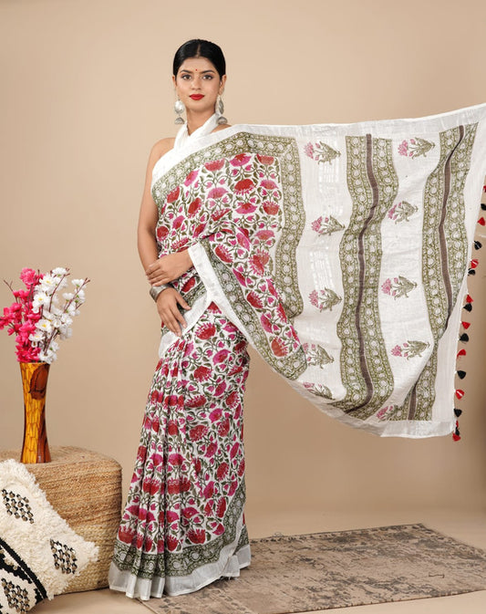 LINEN COTTON HAND PRINTED  SAREE WITH TAUSSAL