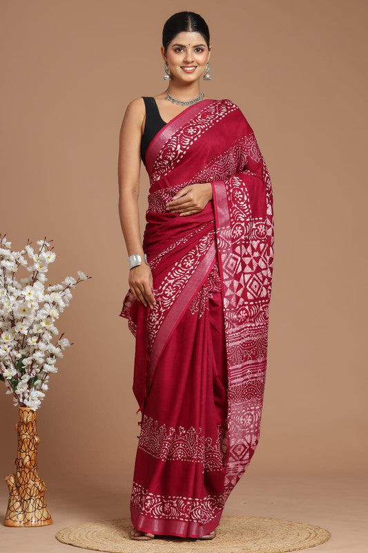 Maroon & Multi Coloured Linen Cotton Beautiful Hand Block printed Women Daily/Party wear Saree with Blouse!!