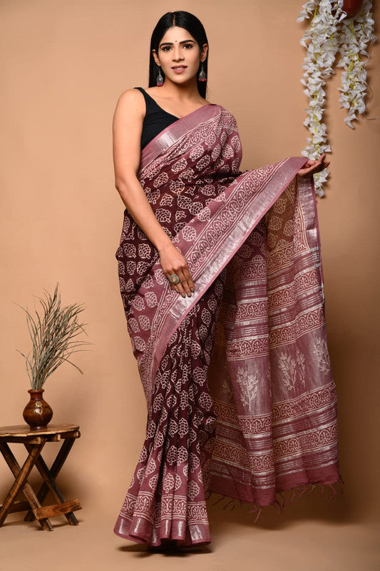 Pink & Multi Coloured Linen Cotton Beautiful Hand Block printed Women Daily/Party wear Saree with Blouse!!