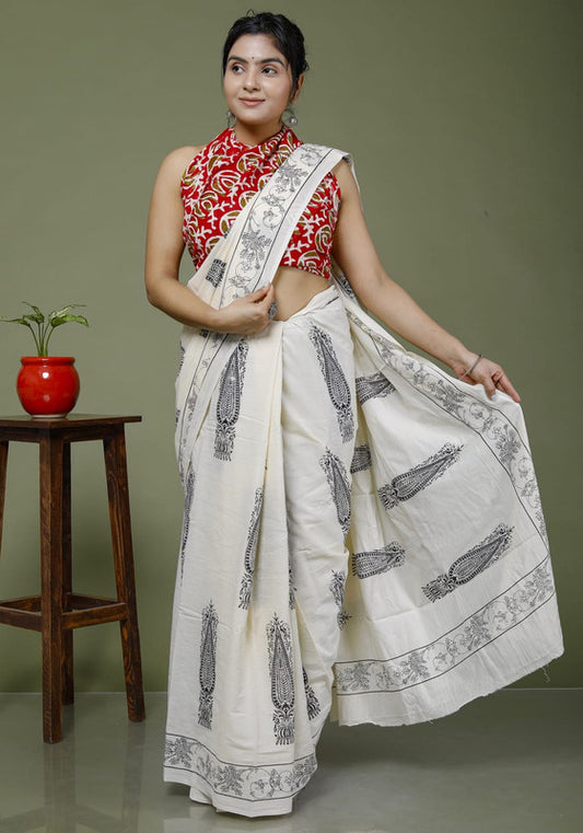 Off White & Multi Coloured Hand Printed Super dying Quality Mul Cotton Women Daily wear Saree with Blouse!!