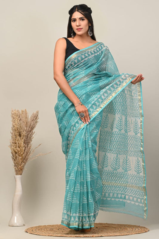 Rama Blue & Multi Coloured Kota Doriya Cotton Beautiful Hand Block printed Women Daily/Party wear Saree with Blouse!!