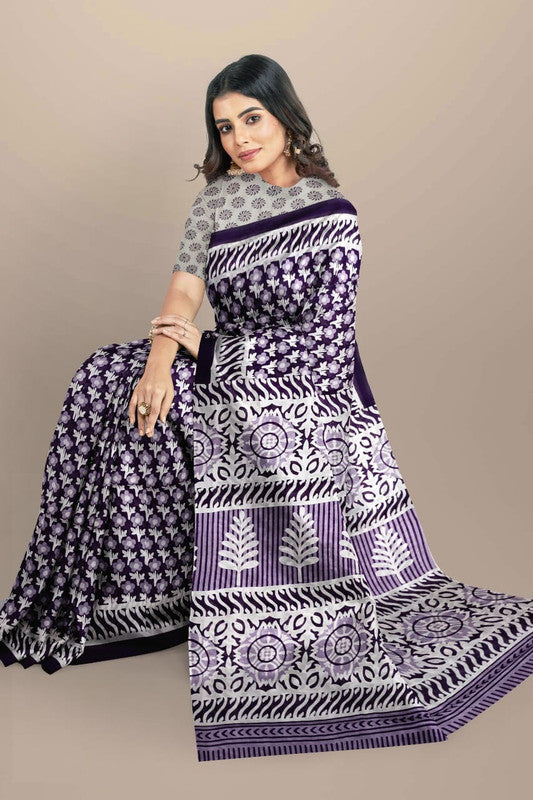 Purple & Multi Coloured Premium Mul Mul Cotton Beautiful Hand Block printed Women Daily/Party wear Saree with Blouse!!