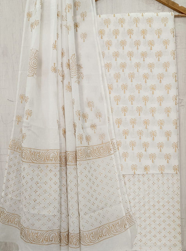 White & Cream Coloured Unstitched Pure Cotton Hand Block Printed Women Party/Daily wear Dress Material Suit- Top with Bottom & Cotton Dupatta!!