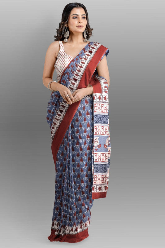 Blue & Multi Coloured Premium Mul Mul Cotton Beautiful Hand Block printed Women Daily/Party wear Saree with Blouse!!