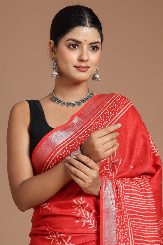 Red & Multi Coloured Linen Cotton Beautiful Hand Block printed Women Daily/Party wear Saree with Blouse!!