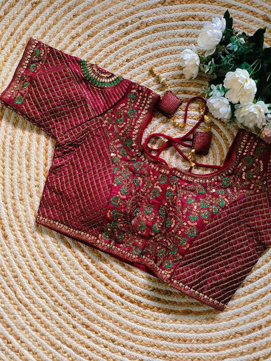 Maroon Coloured Premium Heavy Milan Silk Copper Jari Heavy Embroidery work Woman Ready made Designer Bridal Blouse- Free Size Up to 46 Inch!!