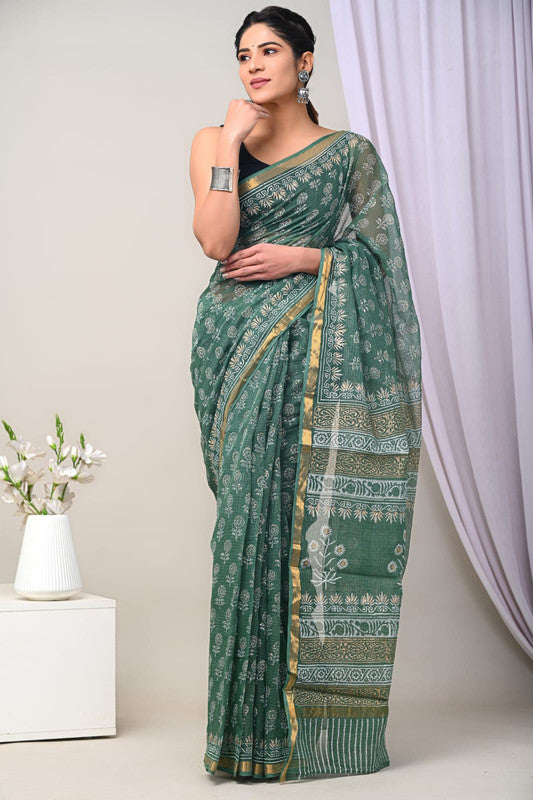 Green & Multi Coloured Kota Doriya Cotton Beautiful Hand Block printed Women Daily/Party wear Saree with Blouse!!