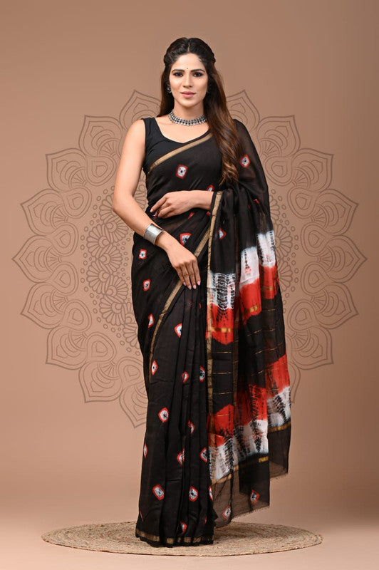 Black with Red & White Coloured Hand Block Printed Women Designer Party wear Chanderi Cotton Silk Saree with Runnin Blouse!!