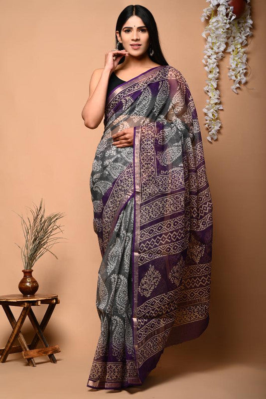 Grey & Multi Coloured Kota Doriya Cotton Beautiful Hand Block printed Women Daily/Party wear Saree with Blouse!!