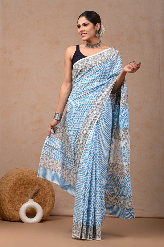 Sky Blue & Grey Coloured Hand Block Bagru, Dabu & Batik Dye Print Women Designer Party wear Pure Cotton Saree with Runnin Blouse!!