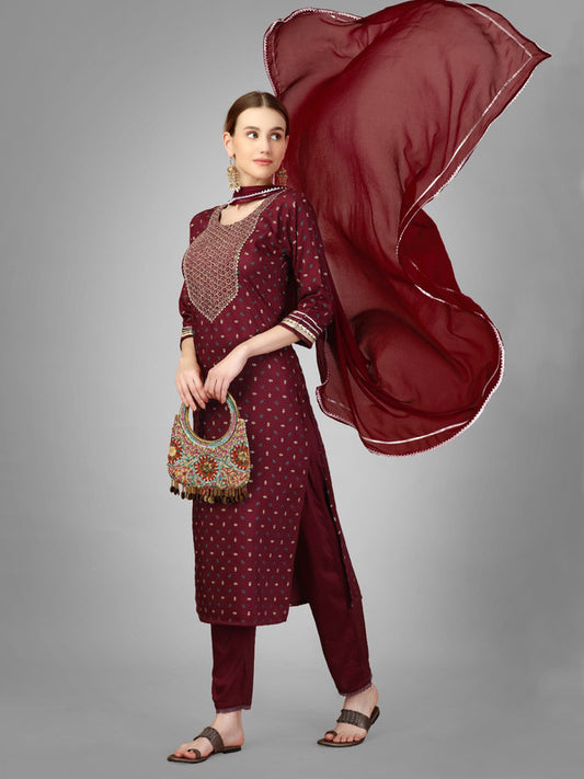 Maroon Coloured With Embroidery & Sequence Work Women Designer Party/Casual wear Silk Blend Kurti with Pant & Dupatta!!