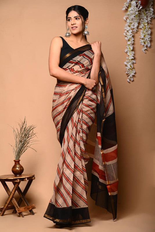 Brown & Multi Coloured Beautiful Hand Block printed Women Daily/Party wear Kota Doriya Cotton Saree with Blouse!!