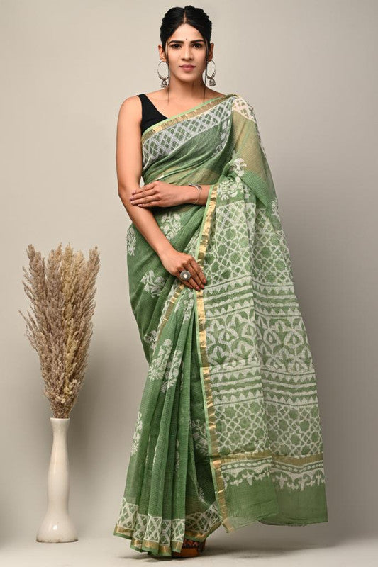 Green & Multi Coloured Kota Doriya Cotton Beautiful Hand Block printed Women Daily/Party wear Saree with Blouse!!