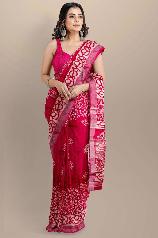 Red & Multi Coloured Linen Cotton Beautiful Hand Block printed Women Daily/Party wear Saree with Blouse!!