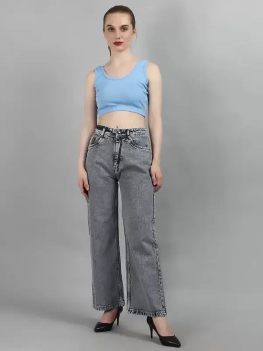 Grey Coloured Premium Denim Lycra with Stretchable Full Length Solid Women Casual/Party wear Straight Fit  Wide Leg Jeans!!