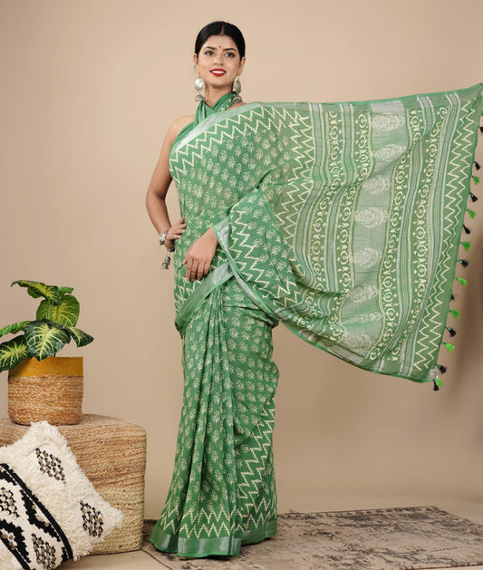 LINEN COTTON HAND PRINTED  SAREE WITH TAUSSAL