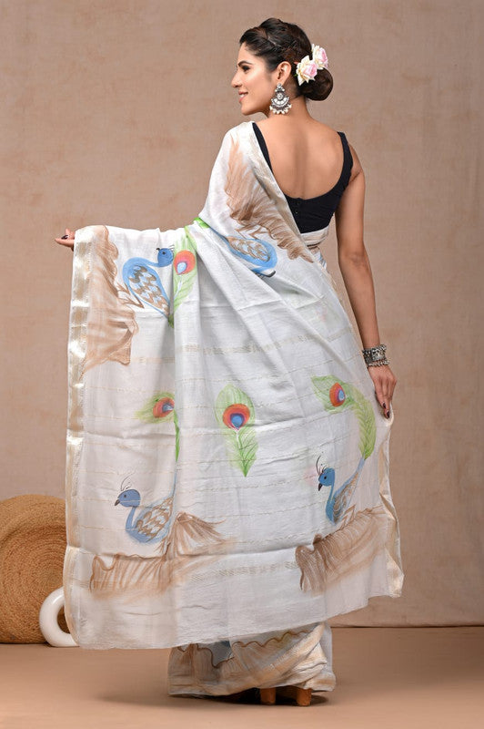 Silver & Multi Coloured Hand Block Printed Women Designer Party wear Maheshwari Cotton Silk Saree with Runnin Blouse!!