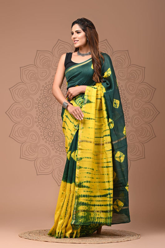 Green with Yellow Coloured Hand Block Printed Women Designer Party wear Chanderi Cotton Silk Saree with Runnin Blouse!!