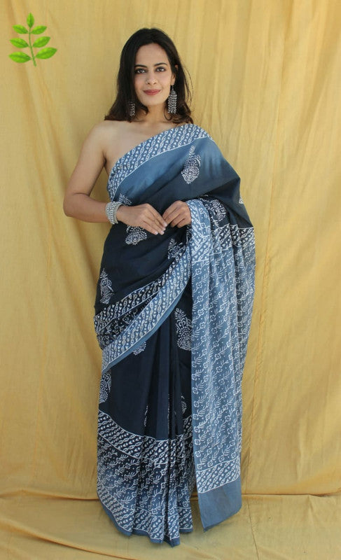 Navy Blue & White Coloured Pure Cotton Beautiful Hand Block printed Women Daily/Party wear Saree with Blouse!!