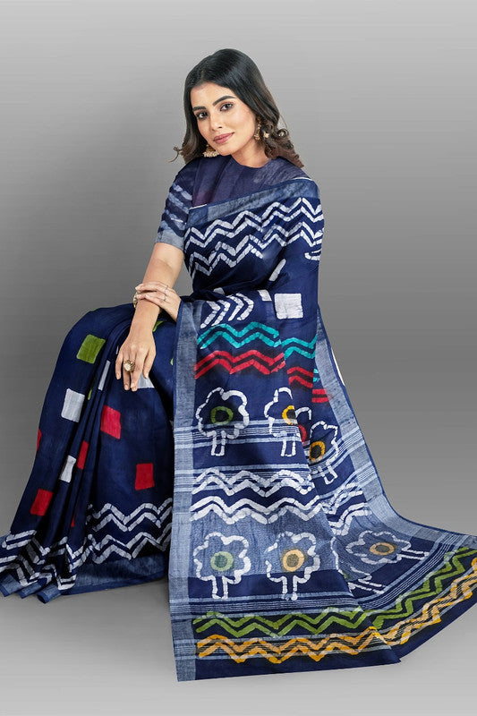 Blue & Multi Coloured Linen Cotton Beautiful Hand Block printed Women Daily/Party wear Saree with Blouse!!