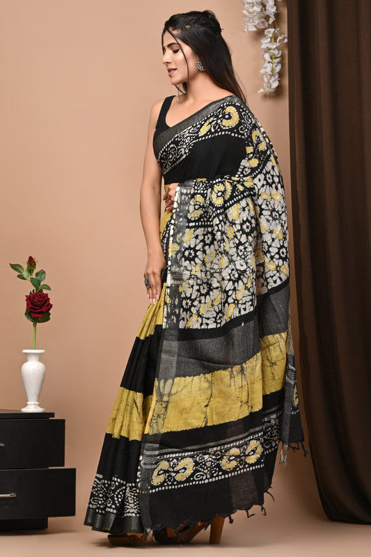 Latest Attractive Beautiful Designer Hand Block Print Linen Saree