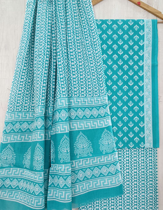 Rama Blue & White Coloured Unstitched Pure Cotton Hand Block Printed Women Party/Daily wear Dress Material Suit- Top with Bottom & Cotton Dupatta!!