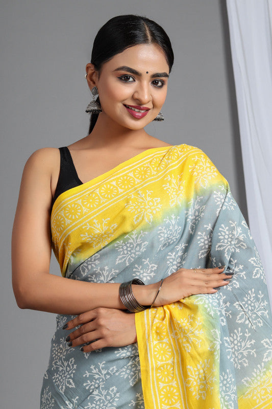 Yellow & Grey Coloured Pure Cotton Beautiful Hand Block printed Women Daily/Party wear Saree with Blouse!!