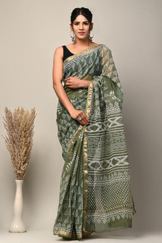 Green & Multi Coloured Kota Doriya Cotton Beautiful Hand Block printed Women Daily/Party wear Saree with Blouse!!