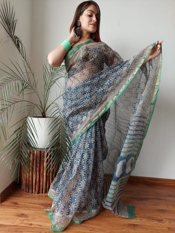 Blue & Multi Coloured Kota Doriya Cotton Beautiful Hand Block printed Women Daily/Party wear Saree with Blouse!!