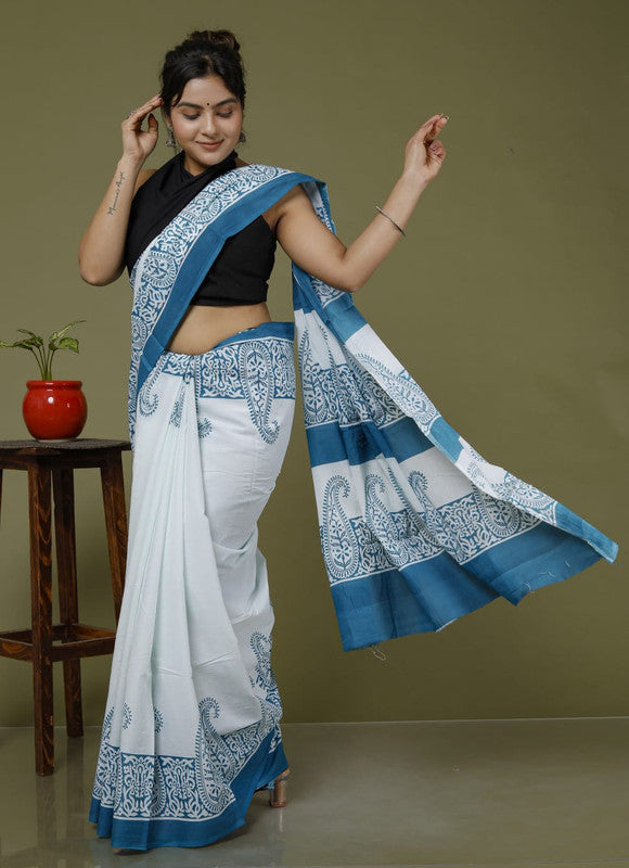 Dark Rama Blue & Black Coloured Hand Printed Super dying Quality Mul Cotton Women Daily wear Saree with Blouse!!